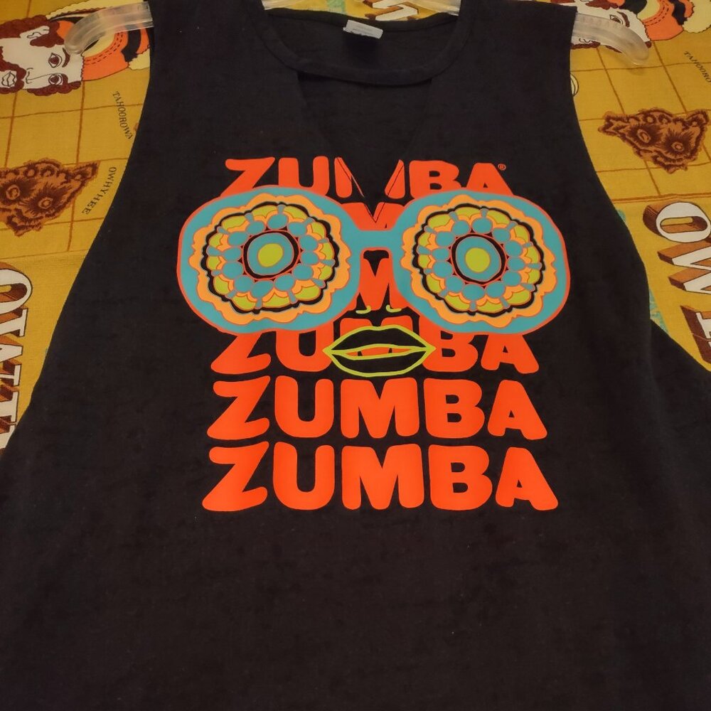 Oversized tank. Black semi sheer,orange/aqua design. Medium